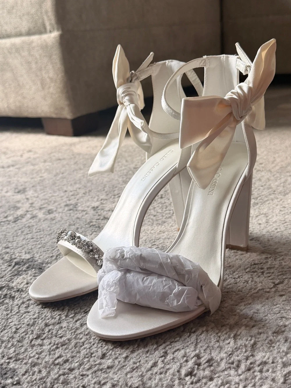 Oleg Cassini Melania Ivory Satin Bow Block Heel Sandals NWT